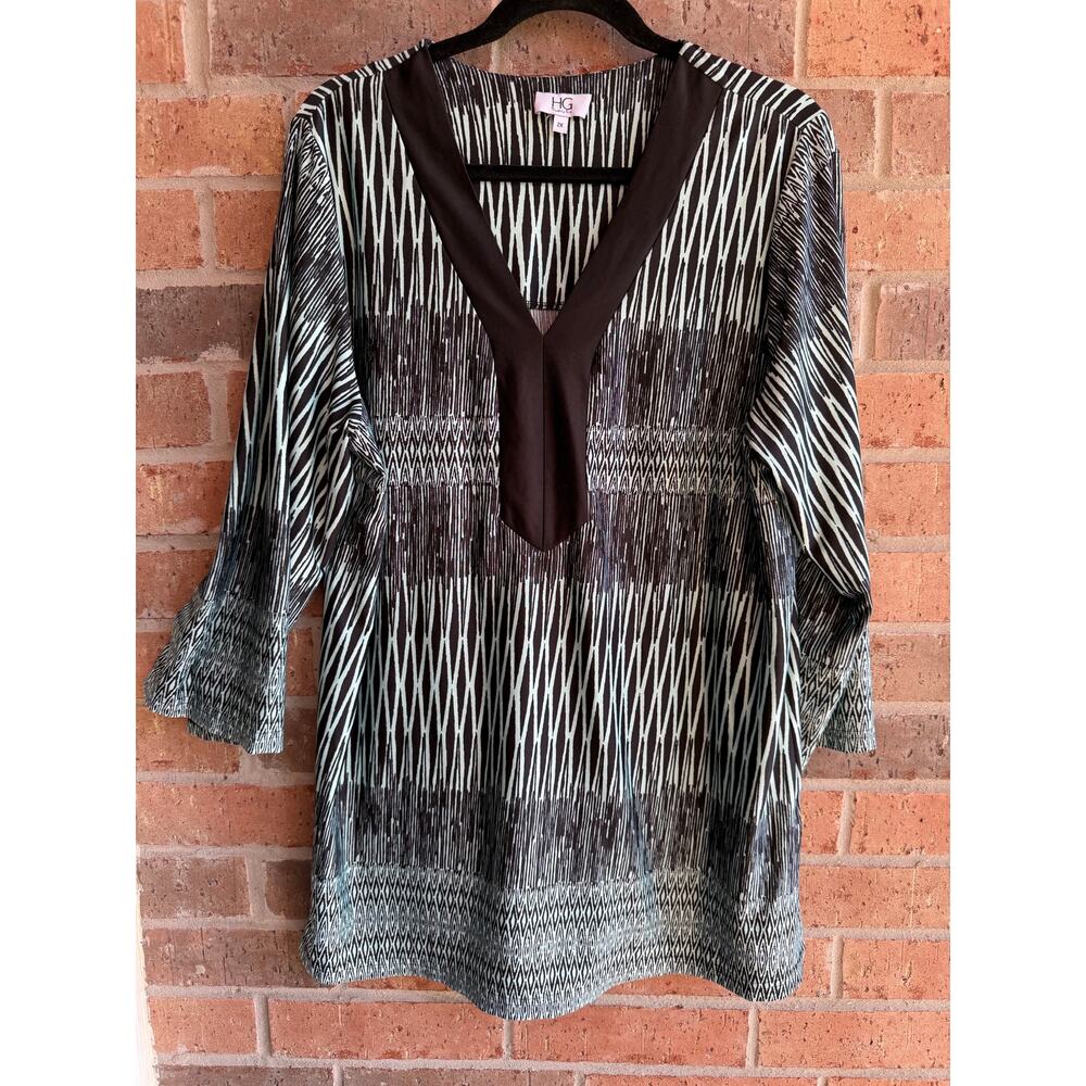 HG Twenty-Six Women's Black White Stretch V-Neck 3/4 Sleeve Tunic Blouse Size 2X